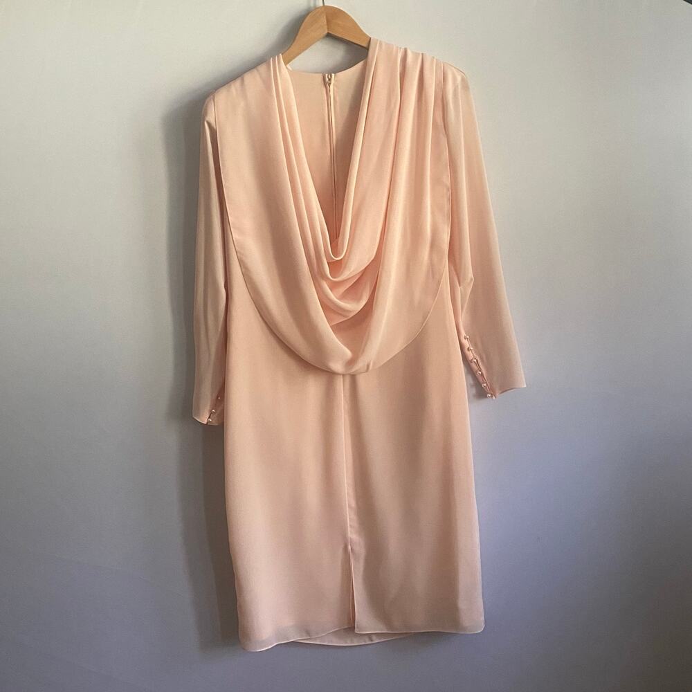 Vintage Ursula of Switzerland Sheath Dress 8P Blush Cowl Neck Back Evening 70s